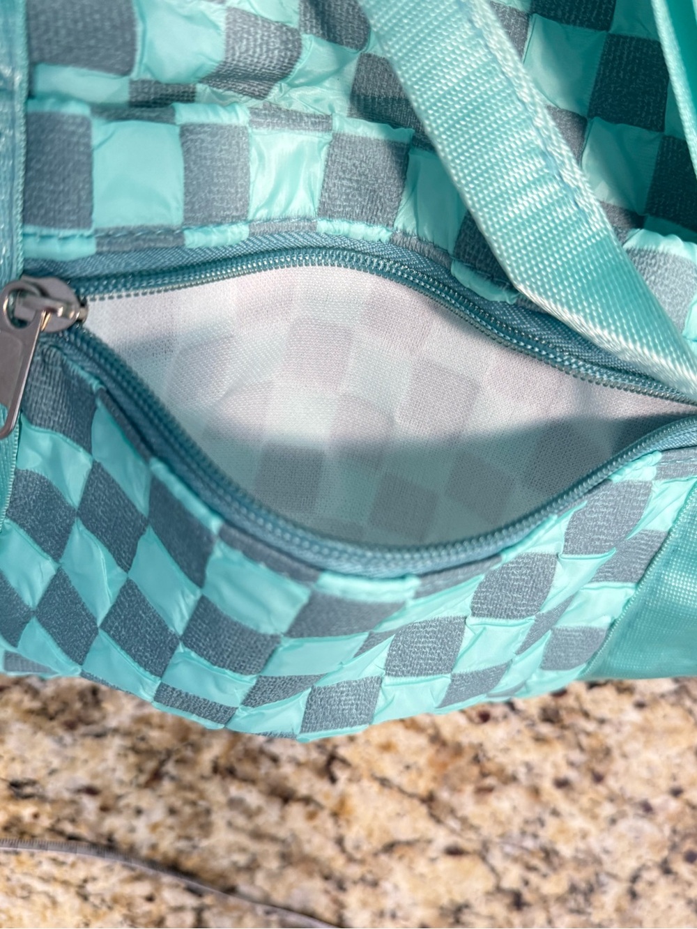 Checkered duffle bag teal gray travel gym school multi pockets - Picture 7 of 15